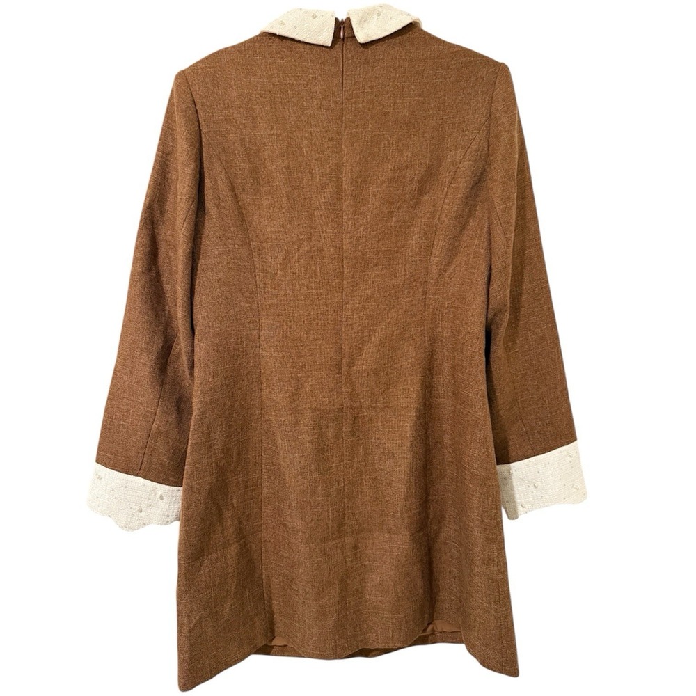 MOTF Womens Mini Dress Large Brown Pearl Trim White Tweed Collar Cuffs - Picture 8 of 13